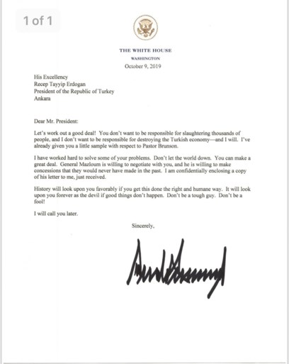 Trump “krijgt inzinking” tijdens vergadering over Syrië en vraagt Erdogan per brief om “geen dwaas” te zijn