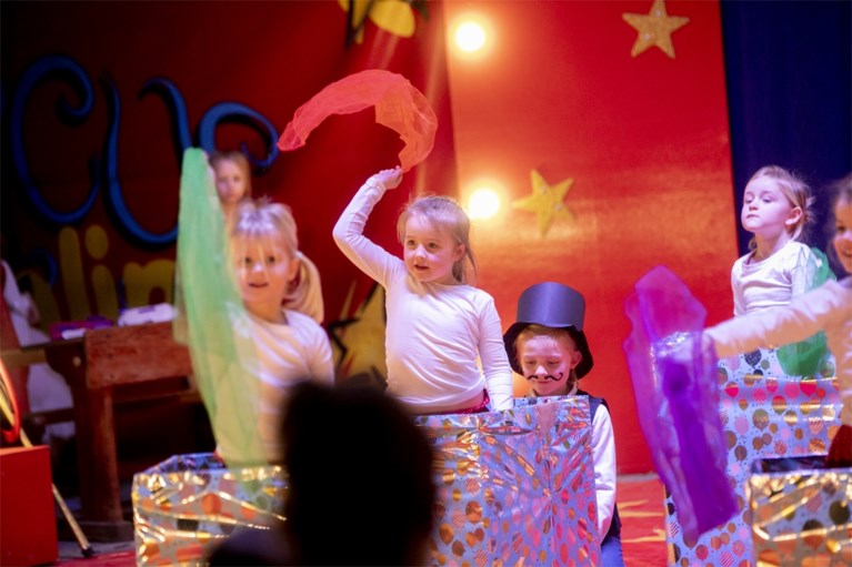 Clowns en acrobaten in circus Berlarini