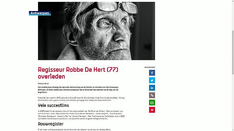 Online rouwregister voor Robbe De Hert: “Bedankt voor al het moois dat je ons naliet”